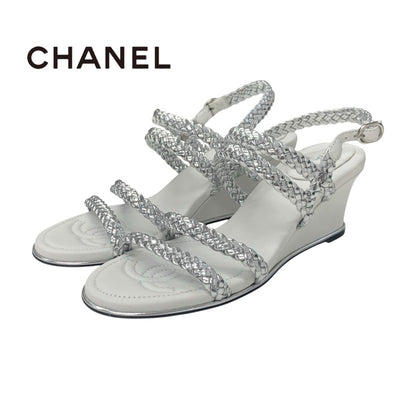 シャネル CHANEL サンダル 靴 シューズ レザー シルバー ホワイト ストラップ 編み込み ウェッジソール