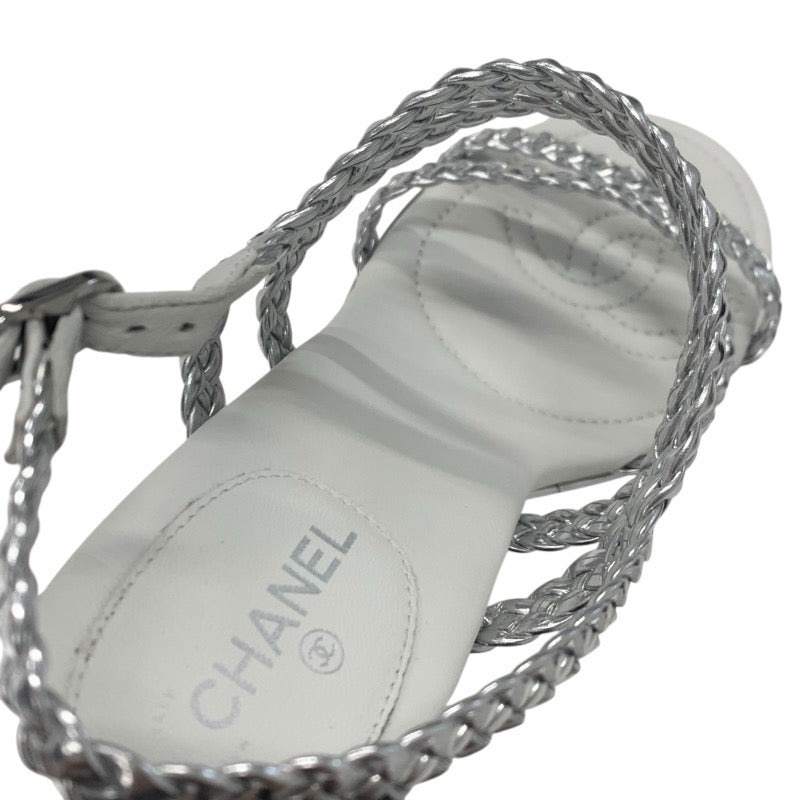 シャネル CHANEL サンダル 靴 シューズ レザー シルバー ホワイト ストラップ 編み込み ウェッジソール