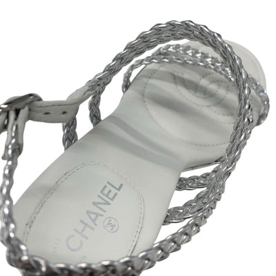 シャネル CHANEL サンダル 靴 シューズ レザー シルバー ホワイト ストラップ 編み込み ウェッジソール