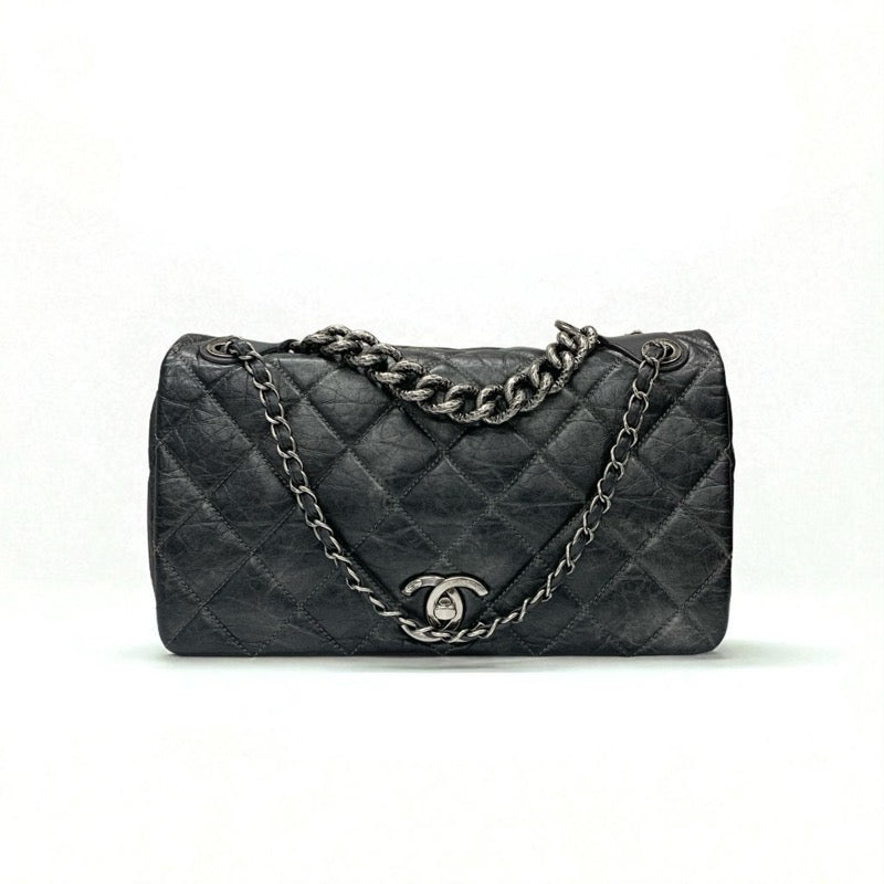 シャネル CHANEL バッグ ショルダーバッグ ヴィンテージカーフ グレー シルバー マトラッセ ココマーク シングルフラップ ダブルチェーン 2way
