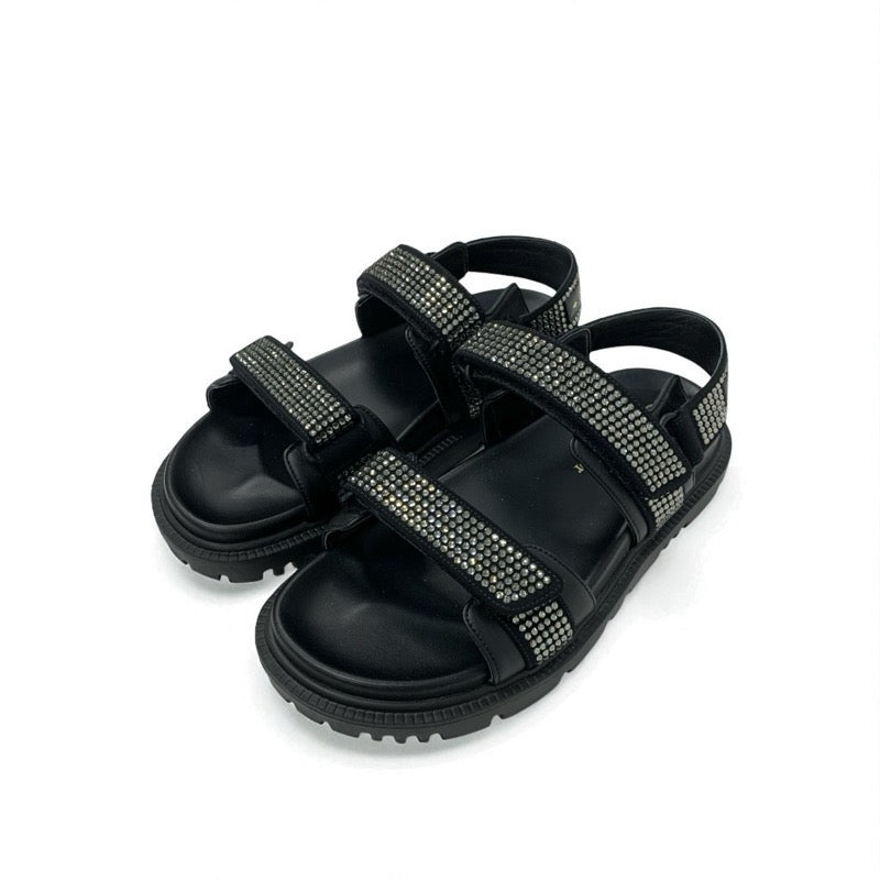 クリスチャンディオール CHRISTIAN DIOR サンダル 靴 シューズ ラムスキン ブラック 黒 ロゴ ラインストーン ベルクロストラップ スポーツサンダル