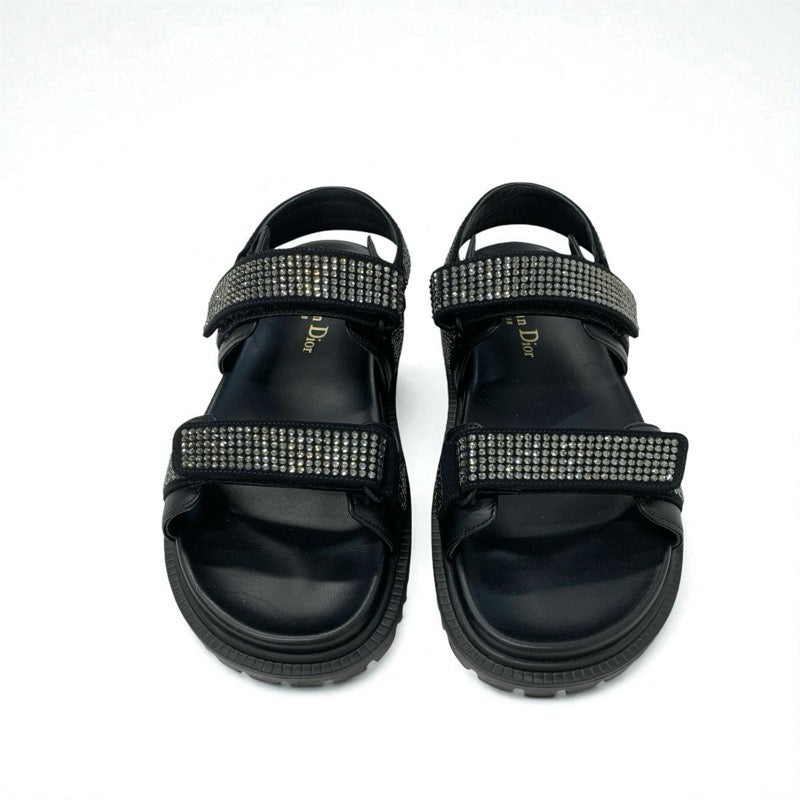 クリスチャンディオール CHRISTIAN DIOR サンダル 靴 シューズ ラムスキン ブラック 黒 ロゴ ラインストーン ベルクロストラップ スポーツサンダル