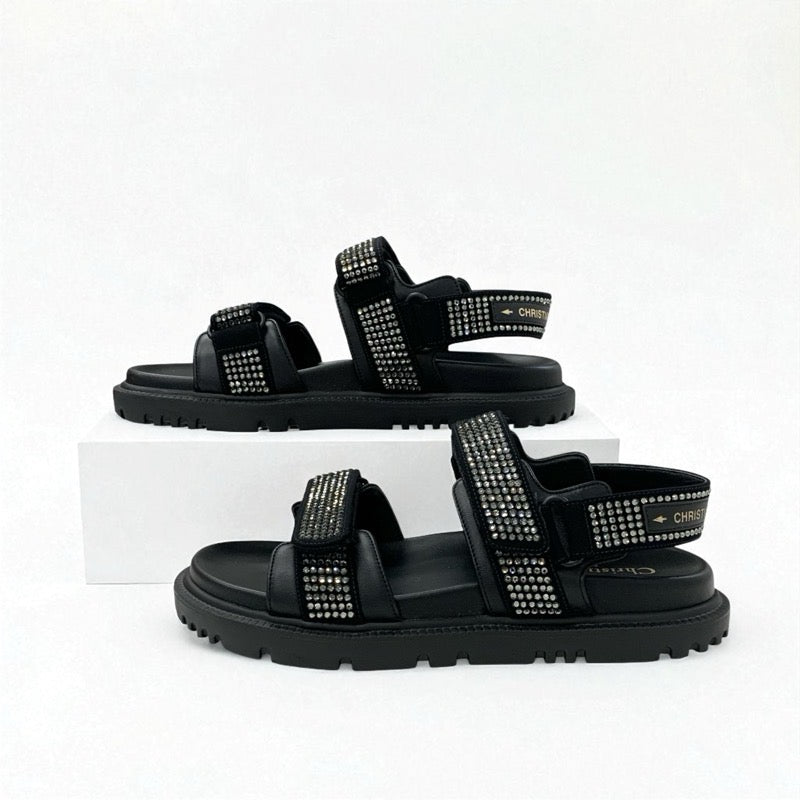 クリスチャンディオール CHRISTIAN DIOR サンダル 靴 シューズ ラムスキン ブラック 黒 ロゴ ラインストーン ベルクロストラップ スポーツサンダル