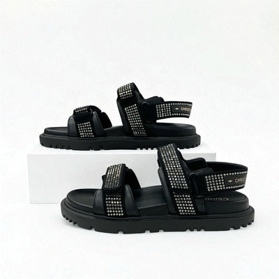 クリスチャンディオール CHRISTIAN DIOR サンダル 靴 シューズ ラムスキン ブラック 黒 ロゴ ラインストーン ベルクロストラップ スポーツサンダル
