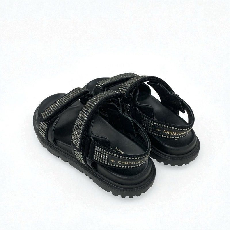 クリスチャンディオール CHRISTIAN DIOR サンダル 靴 シューズ ラムスキン ブラック 黒 ロゴ ラインストーン ベルクロストラップ スポーツサンダル
