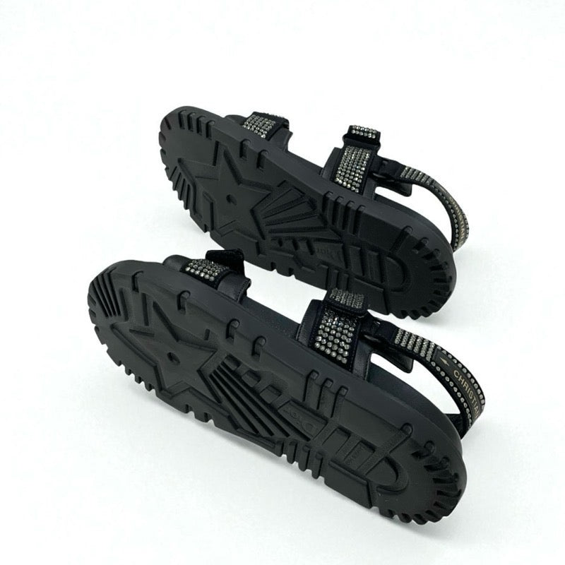 クリスチャンディオール CHRISTIAN DIOR サンダル 靴 シューズ ラムスキン ブラック 黒 ロゴ ラインストーン ベルクロストラップ スポーツサンダル