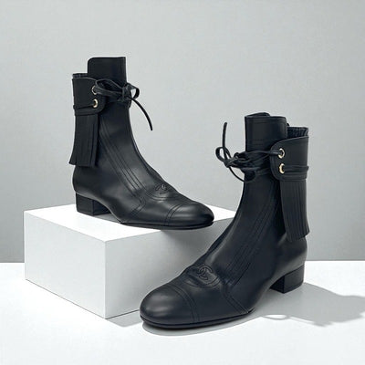 シャネル CHANEL ブーツ ショートブーツ 靴 シューズ レザー ブラック 黒 ココマーク フリンジ