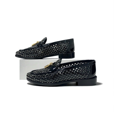 ルイヴィトン LOUIS VUITTON チェスライン モノグラム ローファー 革靴 靴 シューズ パテント ブラック 黒 ゴールド ロゴ パドロック フラットシューズ