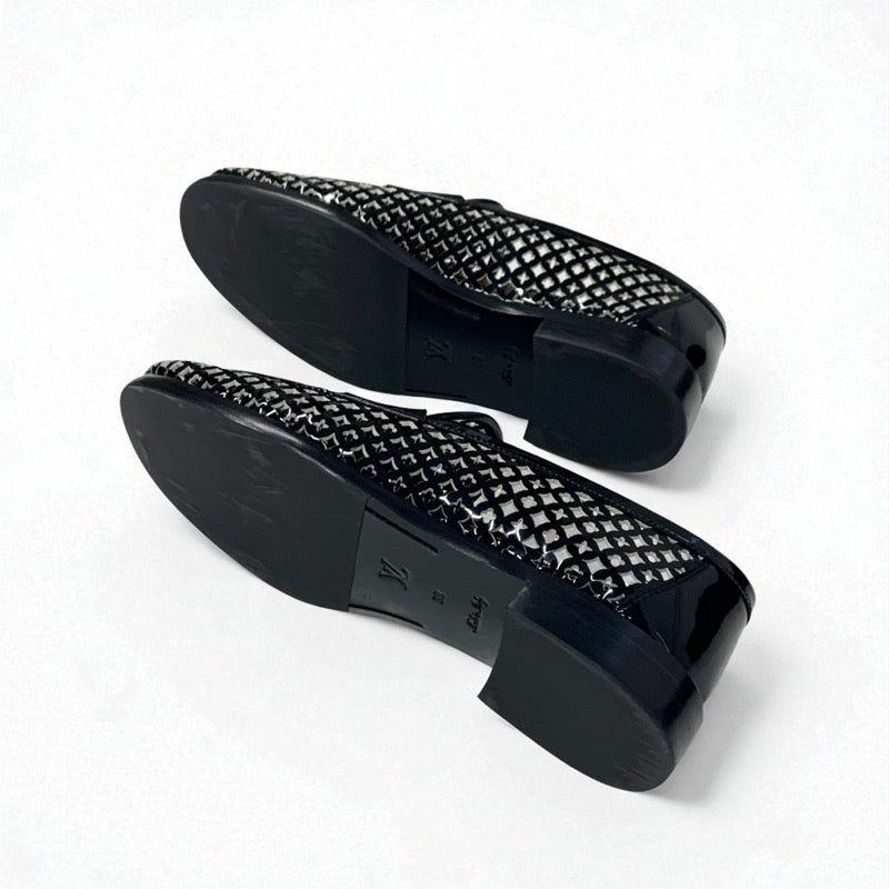 ルイヴィトン LOUIS VUITTON チェスライン モノグラム ローファー 革靴 靴 シューズ パテント ブラック 黒 ゴールド ロゴ パドロック フラットシューズ