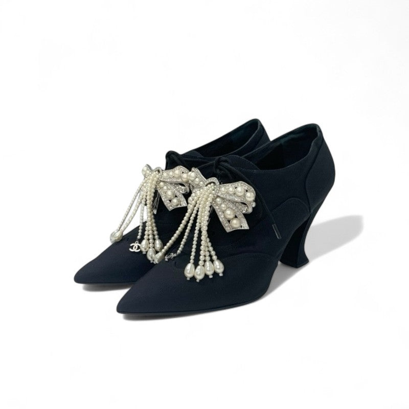 シャネル CHANEL ブーツ ショートブーツ 靴 シューズ ファブリック ブラック ココマーク パール ビジュー リボン ブーティ