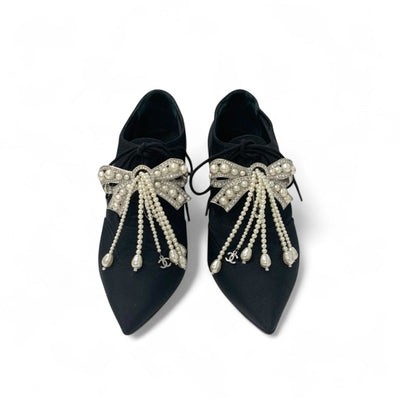 シャネル CHANEL ブーツ ショートブーツ 靴 シューズ ファブリック ブラック ココマーク パール ビジュー リボン ブーティ