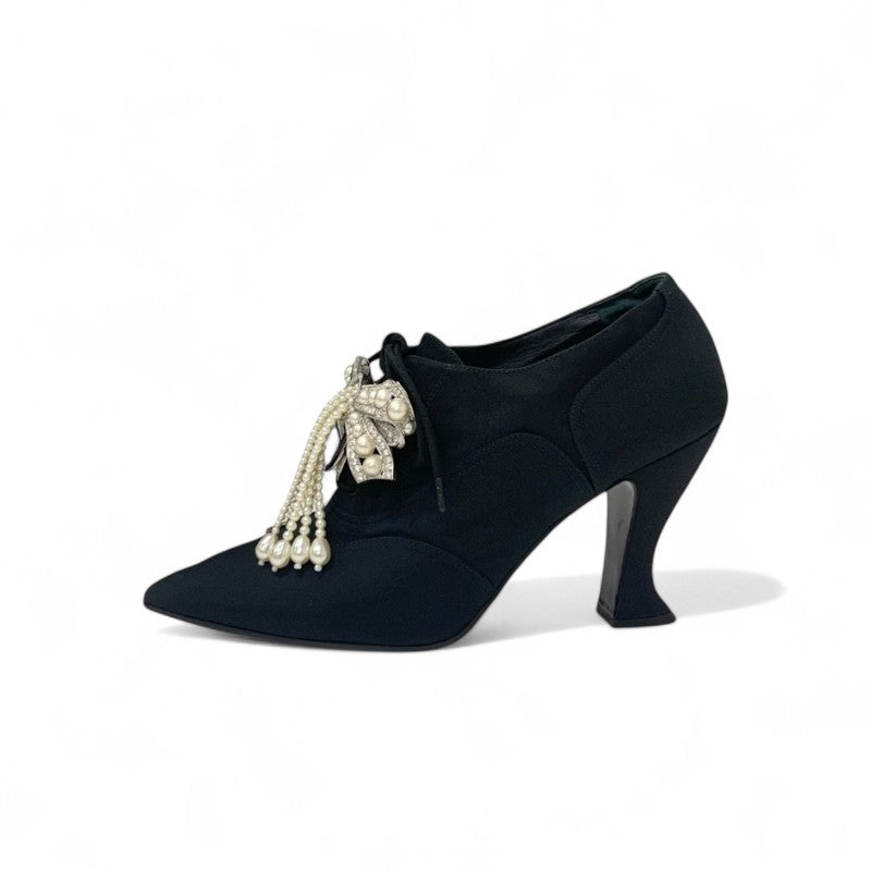 シャネル CHANEL ブーツ ショートブーツ 靴 シューズ ファブリック ブラック ココマーク パール ビジュー リボン ブーティ