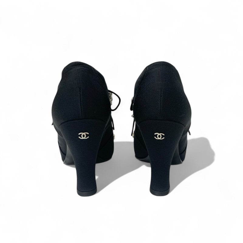 シャネル CHANEL ブーツ ショートブーツ 靴 シューズ ファブリック ブラック ココマーク パール ビジュー リボン ブーティ