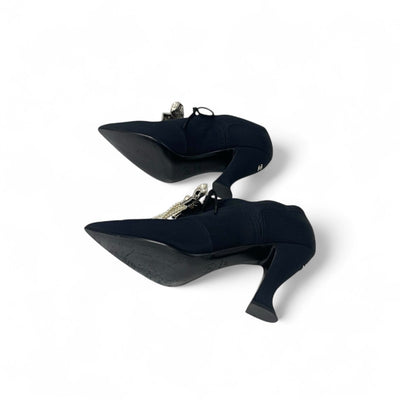 シャネル CHANEL ブーツ ショートブーツ 靴 シューズ ファブリック ブラック ココマーク パール ビジュー リボン ブーティ