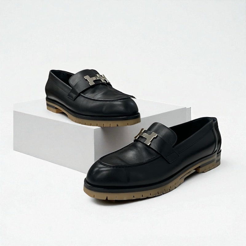 エルメス HERMES フォーブル ローファー 革靴 靴 シューズ レザー ブラック シルバー H金具 モカシン フラットシューズ