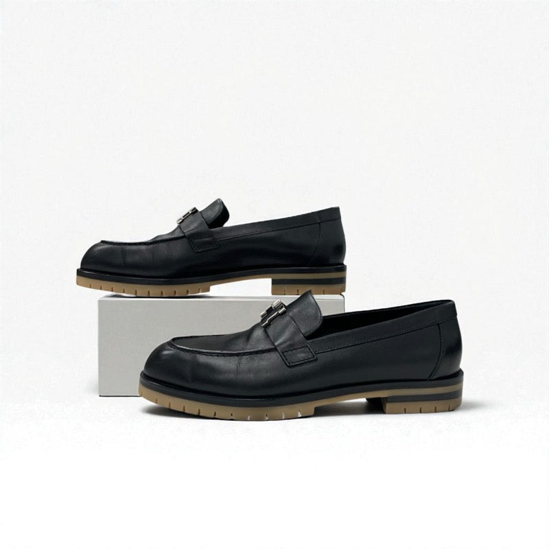 エルメス HERMES フォーブル ローファー 革靴 靴 シューズ レザー ブラック シルバー H金具 モカシン フラットシューズ