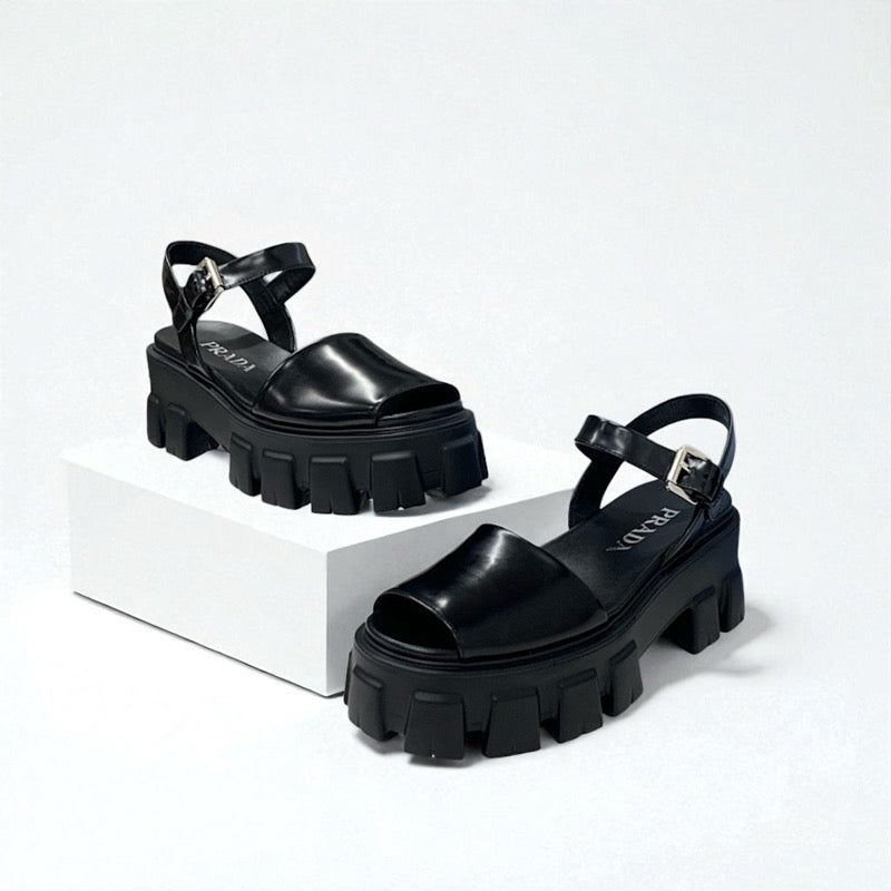 プラダ PRADA モノリス サンダル 靴 シューズ レザー ブラック 黒 ロゴ プラットフォーム ストラップ