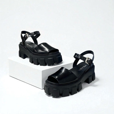 プラダ PRADA モノリス サンダル 靴 シューズ レザー ブラック 黒 ロゴ プラットフォーム ストラップ