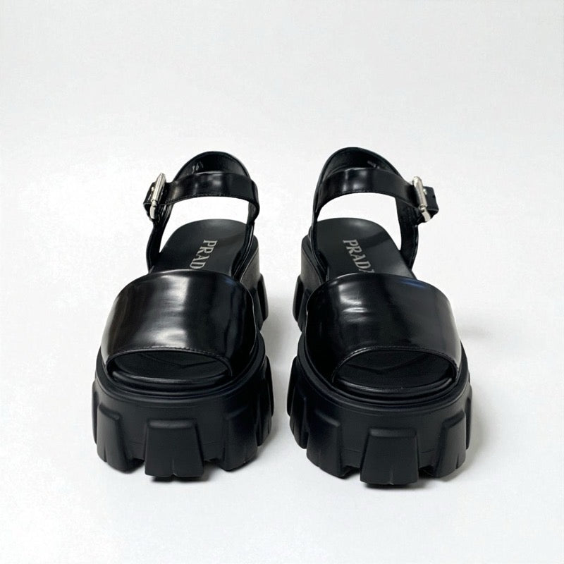 プラダ PRADA モノリス サンダル 靴 シューズ レザー ブラック 黒 ロゴ プラットフォーム ストラップ