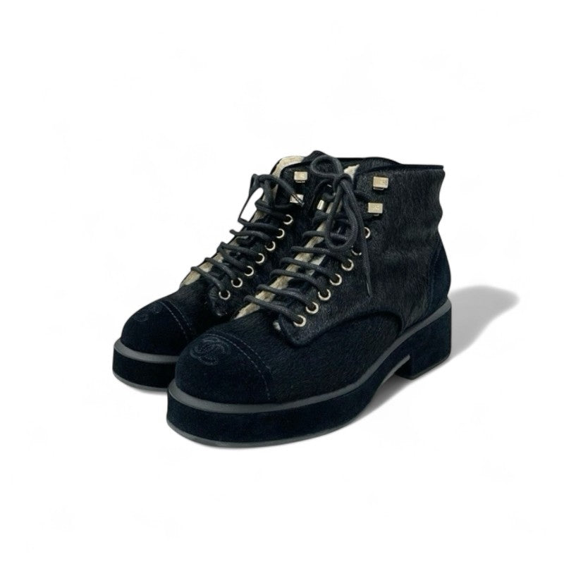 シャネル CHANEL ブーツ ショートブーツ 靴 シューズ ハラコ スエード ムートン ブラック 黒 ココマーク アンクルブーツ レースアップ