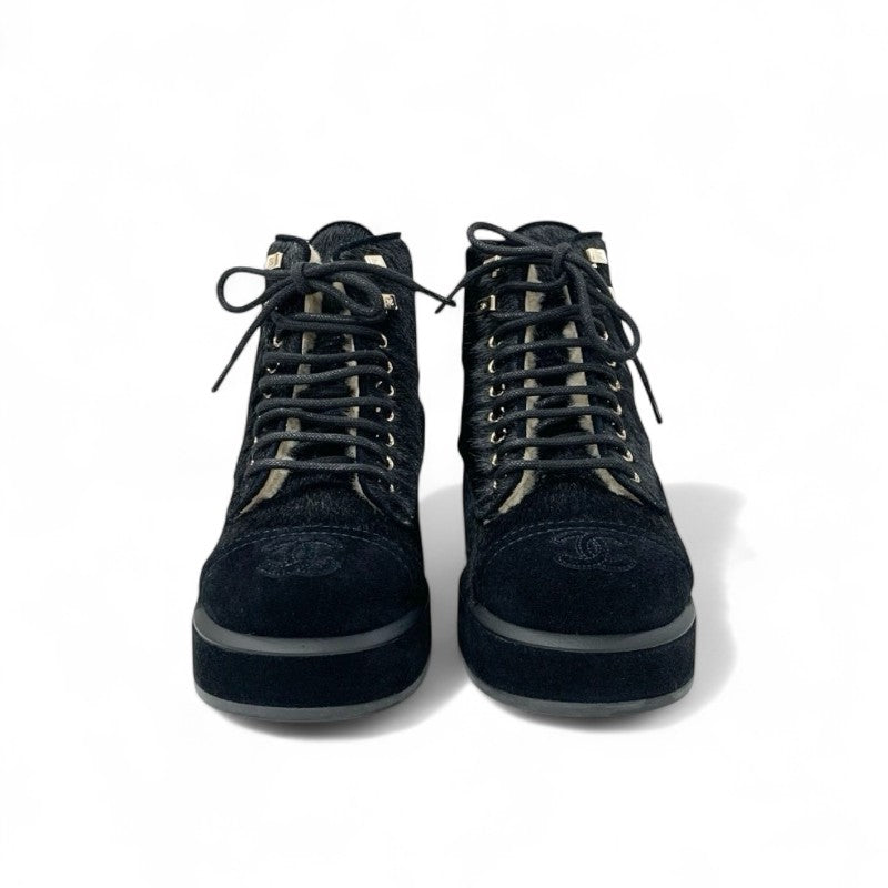 シャネル CHANEL ブーツ ショートブーツ 靴 シューズ ハラコ スエード ムートン ブラック 黒 ココマーク アンクルブーツ レースアップ