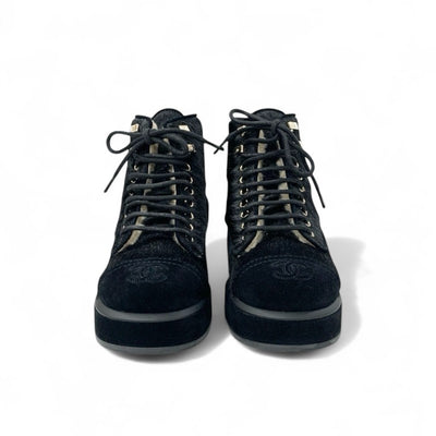 シャネル CHANEL ブーツ ショートブーツ 靴 シューズ ハラコ スエード ムートン ブラック 黒 ココマーク アンクルブーツ レースアップ