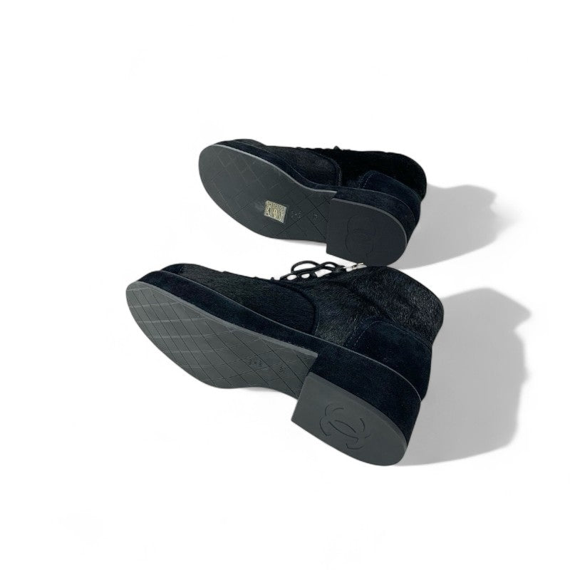 シャネル CHANEL ブーツ ショートブーツ 靴 シューズ ハラコ スエード ムートン ブラック 黒 ココマーク アンクルブーツ レースアップ