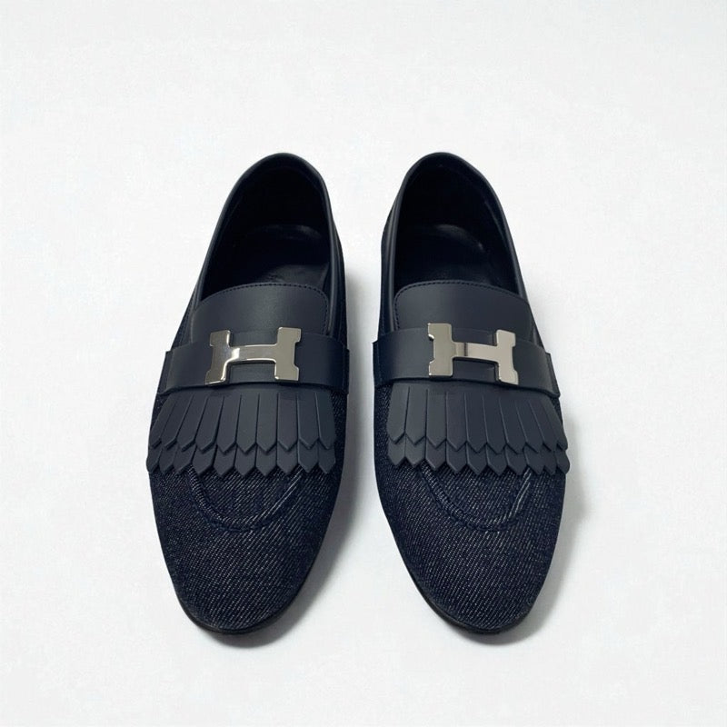エルメス HERMES ロワイヤル ローファー 革靴 靴 シューズ デニム レザー ネイビー シルバー H金具 フリンジ モカシン フラットシューズ