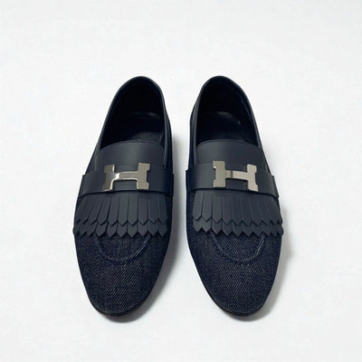 エルメス HERMES ロワイヤル ローファー 革靴 靴 シューズ デニム レザー ネイビー シルバー H金具 フリンジ モカシン フラットシューズ