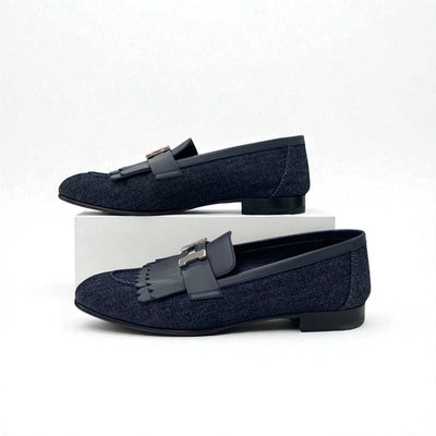エルメス HERMES ロワイヤル ローファー 革靴 靴 シューズ デニム レザー ネイビー シルバー H金具 フリンジ モカシン フラットシューズ