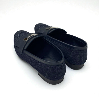 エルメス HERMES ロワイヤル ローファー 革靴 靴 シューズ デニム レザー ネイビー シルバー H金具 フリンジ モカシン フラットシューズ