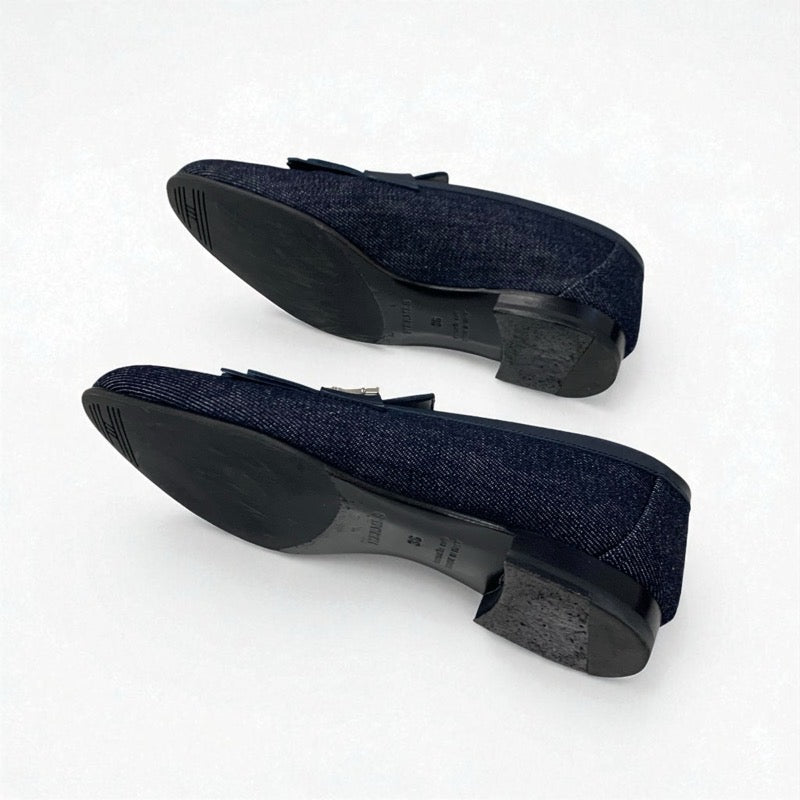 エルメス HERMES ロワイヤル ローファー 革靴 靴 シューズ デニム レザー ネイビー シルバー H金具 フリンジ モカシン フラットシューズ