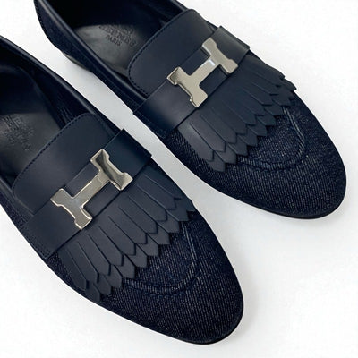エルメス HERMES ロワイヤル ローファー 革靴 靴 シューズ デニム レザー ネイビー シルバー H金具 フリンジ モカシン フラットシューズ