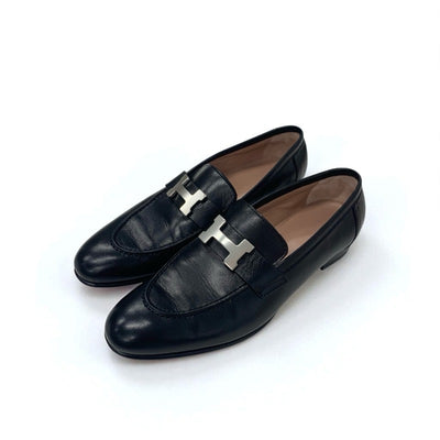 エルメス HERMES パリ ローファー 革靴 靴 シューズ レザー ブラック 黒 シルバー モカシン フラットシューズ H金具