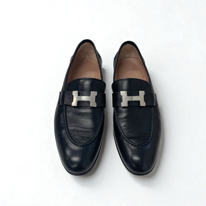 エルメス HERMES パリ ローファー 革靴 靴 シューズ レザー ブラック 黒 シルバー モカシン フラットシューズ H金具