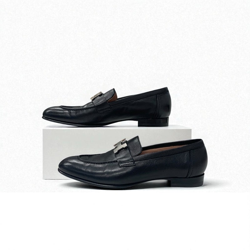 エルメス HERMES パリ ローファー 革靴 靴 シューズ レザー ブラック 黒 シルバー モカシン フラットシューズ H金具