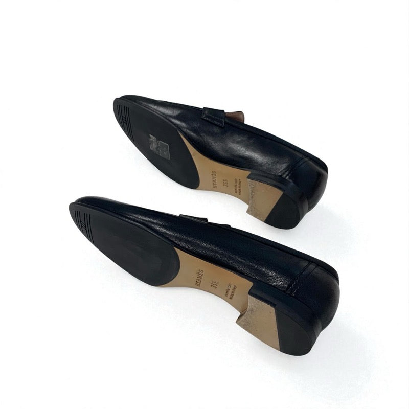 エルメス HERMES パリ ローファー 革靴 靴 シューズ レザー ブラック 黒 シルバー モカシン フラットシューズ H金具