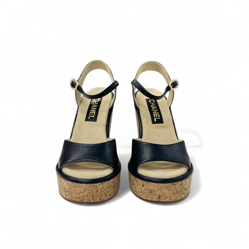 シャネル CHANEL サンダル 靴 シューズ レザー コルク ブラック ブラウン ココマーク ウェッジソール ストラップ