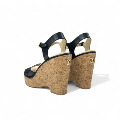 シャネル CHANEL サンダル 靴 シューズ レザー コルク ブラック ブラウン ココマーク ウェッジソール ストラップ