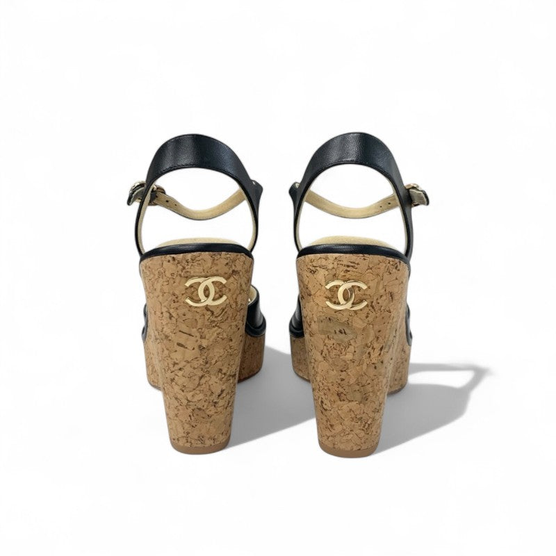 シャネル CHANEL サンダル 靴 シューズ レザー コルク ブラック ブラウン ココマーク ウェッジソール ストラップ