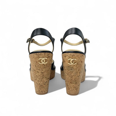 シャネル CHANEL サンダル 靴 シューズ レザー コルク ブラック ブラウン ココマーク ウェッジソール ストラップ