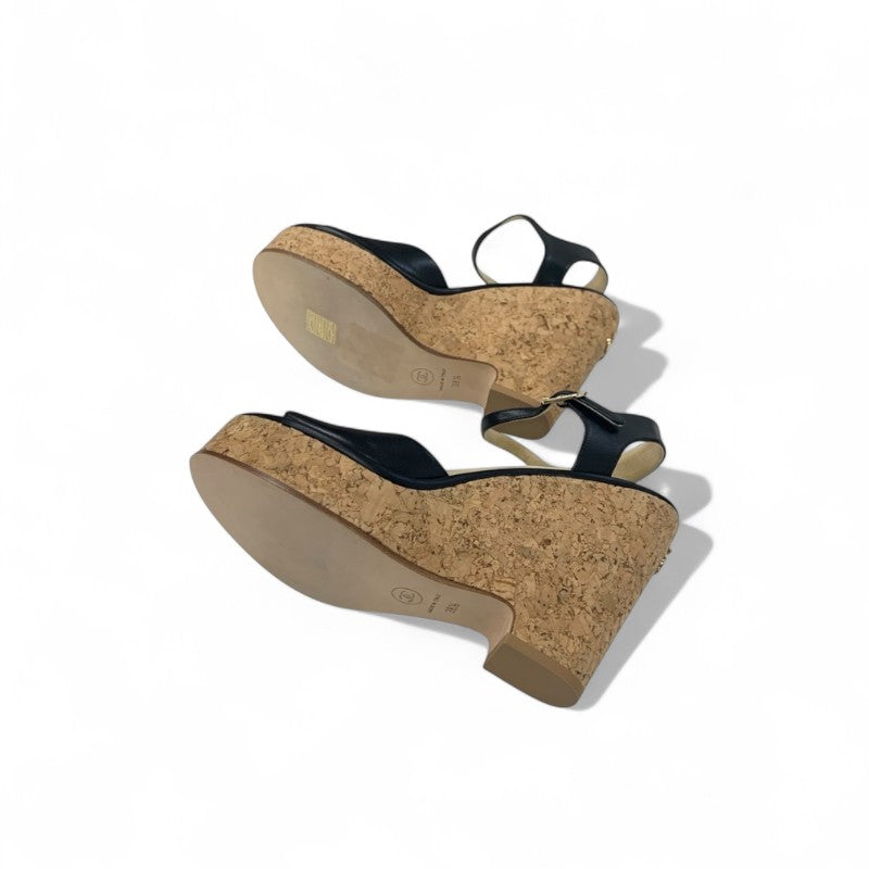 シャネル CHANEL サンダル 靴 シューズ レザー コルク ブラック ブラウン ココマーク ウェッジソール ストラップ