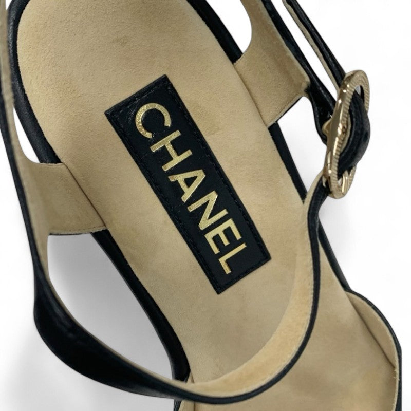 シャネル CHANEL サンダル 靴 シューズ レザー コルク ブラック ブラウン ココマーク ウェッジソール ストラップ
