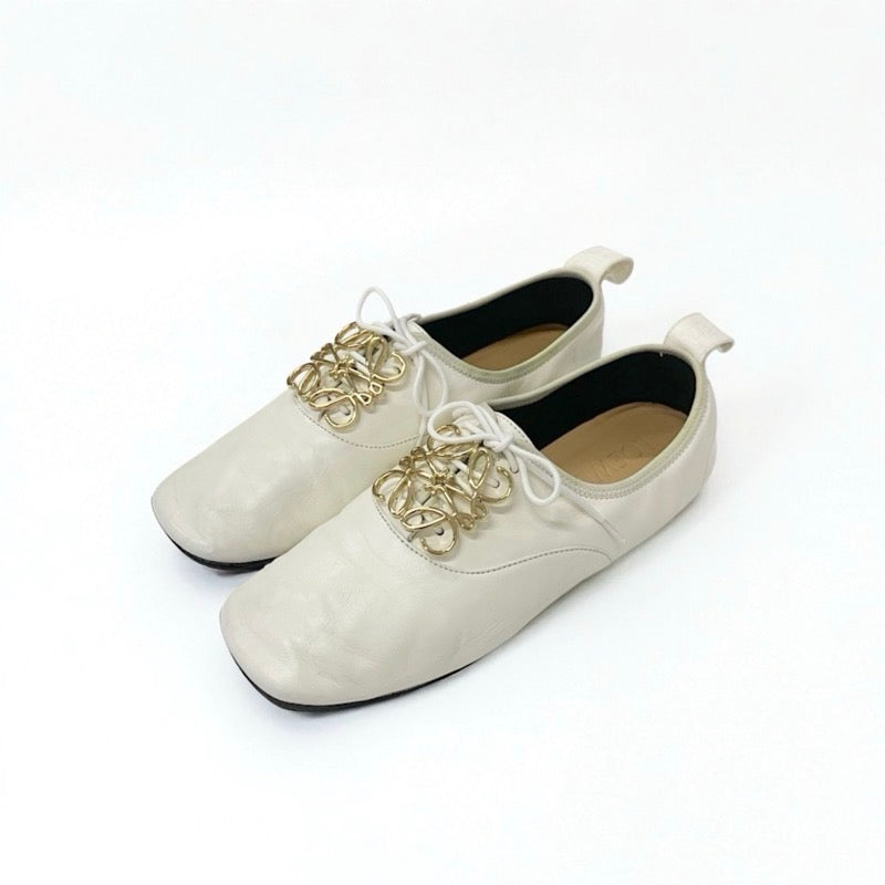 ロエベ LOEWE フラットシューズ 靴 シューズ レザー ホワイト系 ゴールド アナグラム ソフトダービー レースアップシューズ