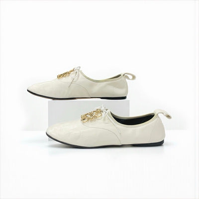 ロエベ LOEWE フラットシューズ 靴 シューズ レザー ホワイト系 ゴールド アナグラム ソフトダービー レースアップシューズ