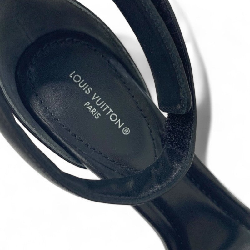 ルイヴィトン LOUIS VUITTON ステラーライン サンダル 靴 シューズ レザー パテント ブラック ゴールド 未使用 ロゴ ストラップ エナメル