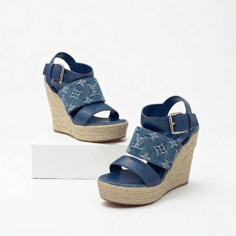 ルイヴィトン LOUIS VUITTON スターボードライン モノグラム サンダル 靴 シューズ デニム レザー ブルー ウェッジソール ストラップ