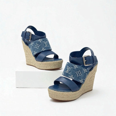 ルイヴィトン LOUIS VUITTON スターボードライン モノグラム サンダル 靴 シューズ デニム レザー ブルー ウェッジソール ストラップ