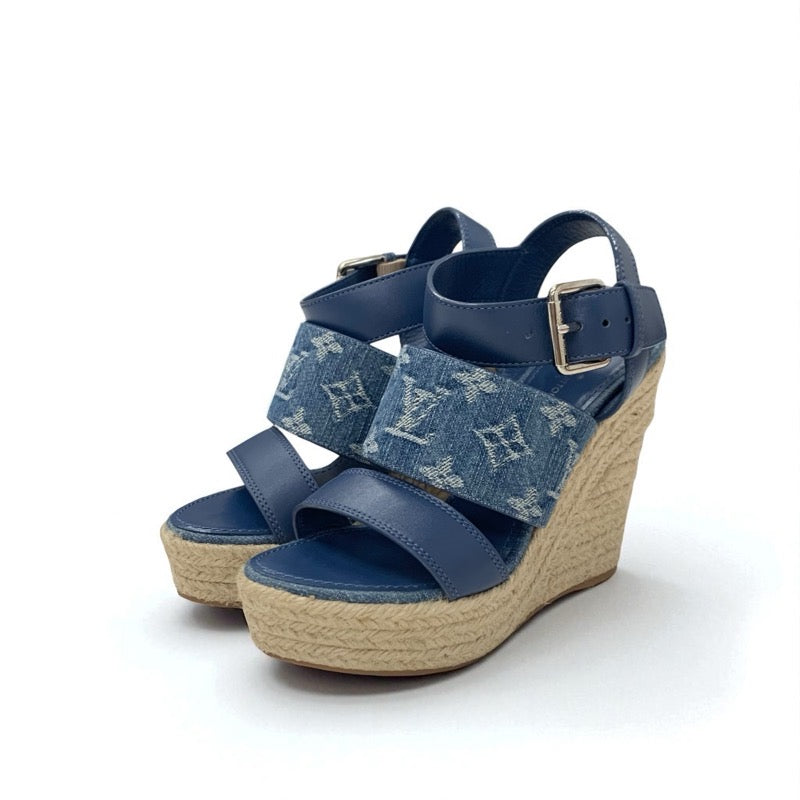 ルイヴィトン LOUIS VUITTON スターボードライン モノグラム サンダル 靴 シューズ デニム レザー ブルー ウェッジソール ストラップ