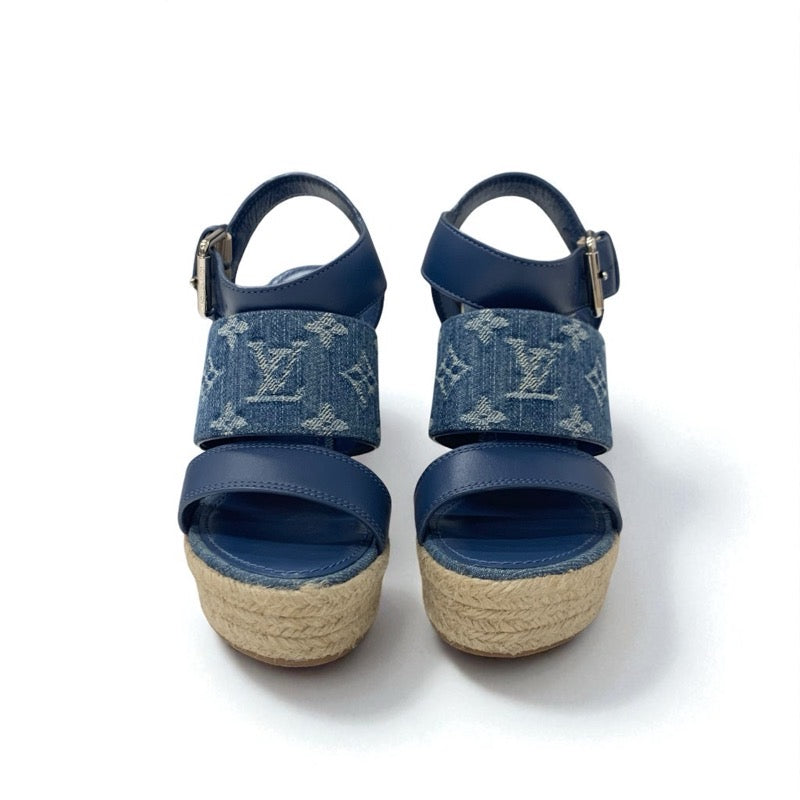 ルイヴィトン LOUIS VUITTON スターボードライン モノグラム サンダル 靴 シューズ デニム レザー ブルー ウェッジソール ストラップ